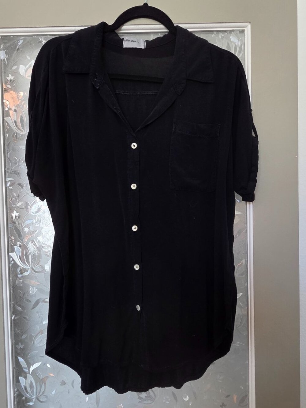 Black button up, collared top - size L
